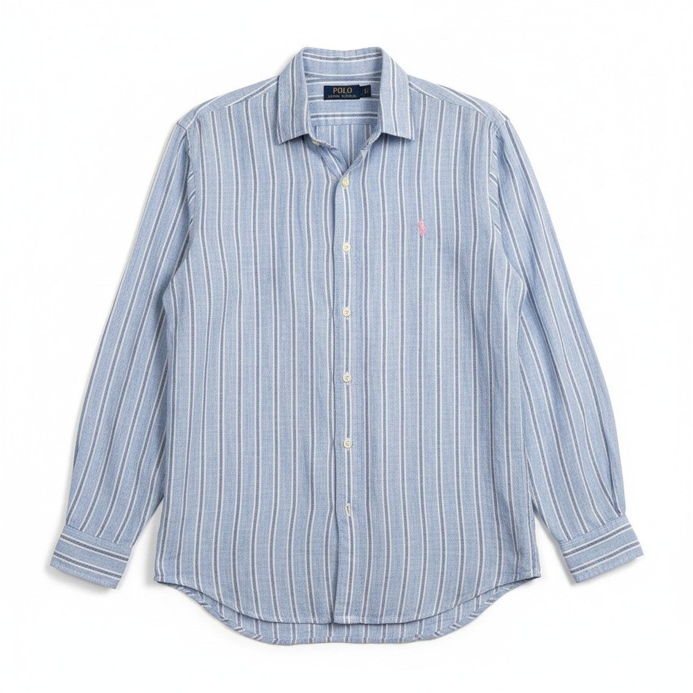 Polo Ralph Lauren Linen Button Down Shirt Striped Long Sleeve Blue Size Large - Picture 1 of 12